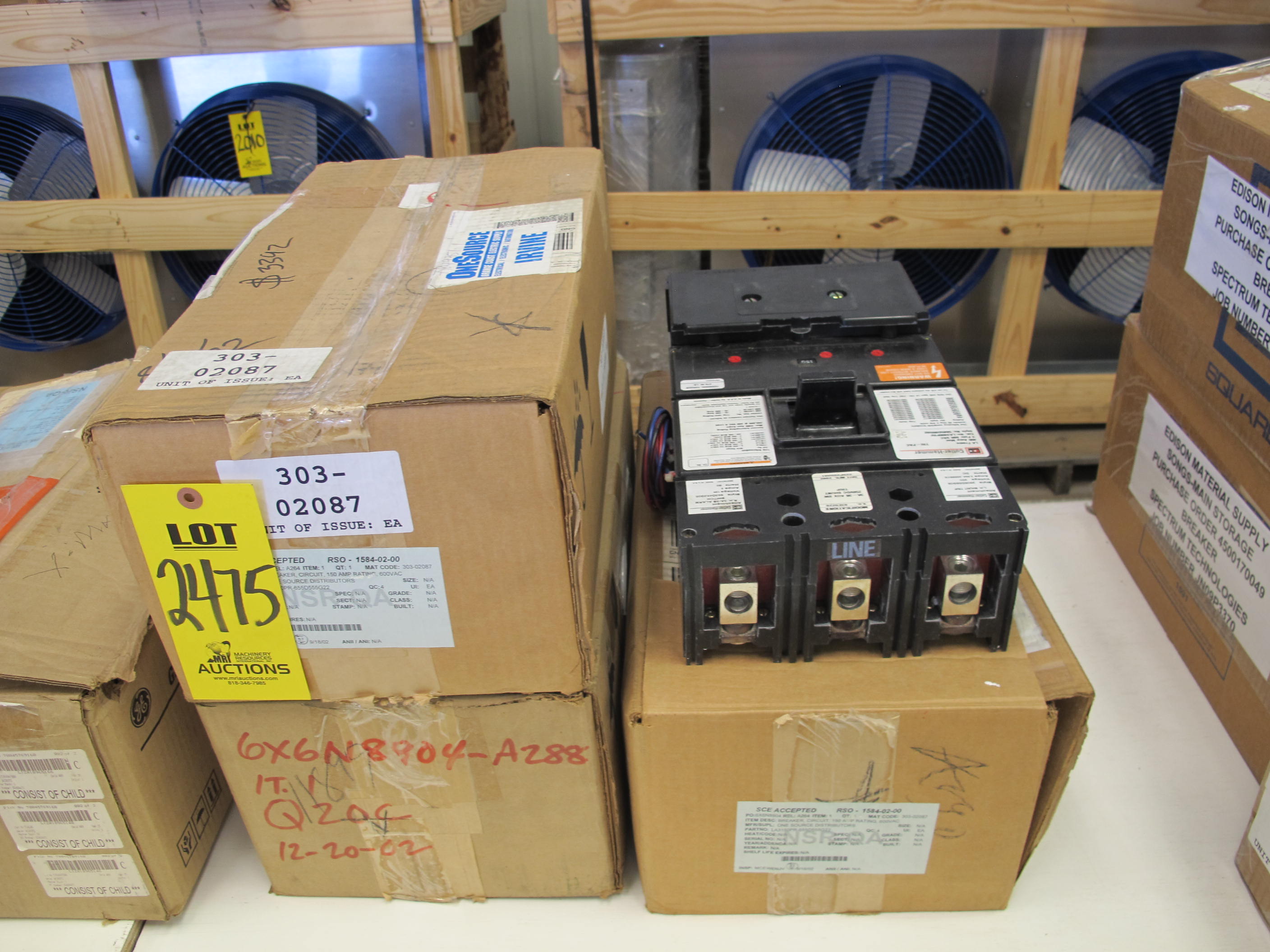LOT (3) BREAKERS, CIRCUIT TYPE, 150 AMP RATING, 600VAC, 250VDC VOLT RATING, 3 POLE, THERMAL MAGNETIC KIND. BREAKER TO HAVE 250VDC SHUNT TRIP MOUNTED ON LEFT SIDE AND TWO (2) SPDT AUXILIARY SWITCHES MOUNTED ON RIGHT SIDE, PART # LA3150PR-655D555G22 (W-44) LOADING & HANDLING FEE $5-